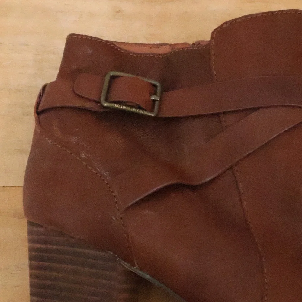 Cole Haan Leather Ankle Booties Womens Size 9.5B Brown Block Heel Buckle Strap